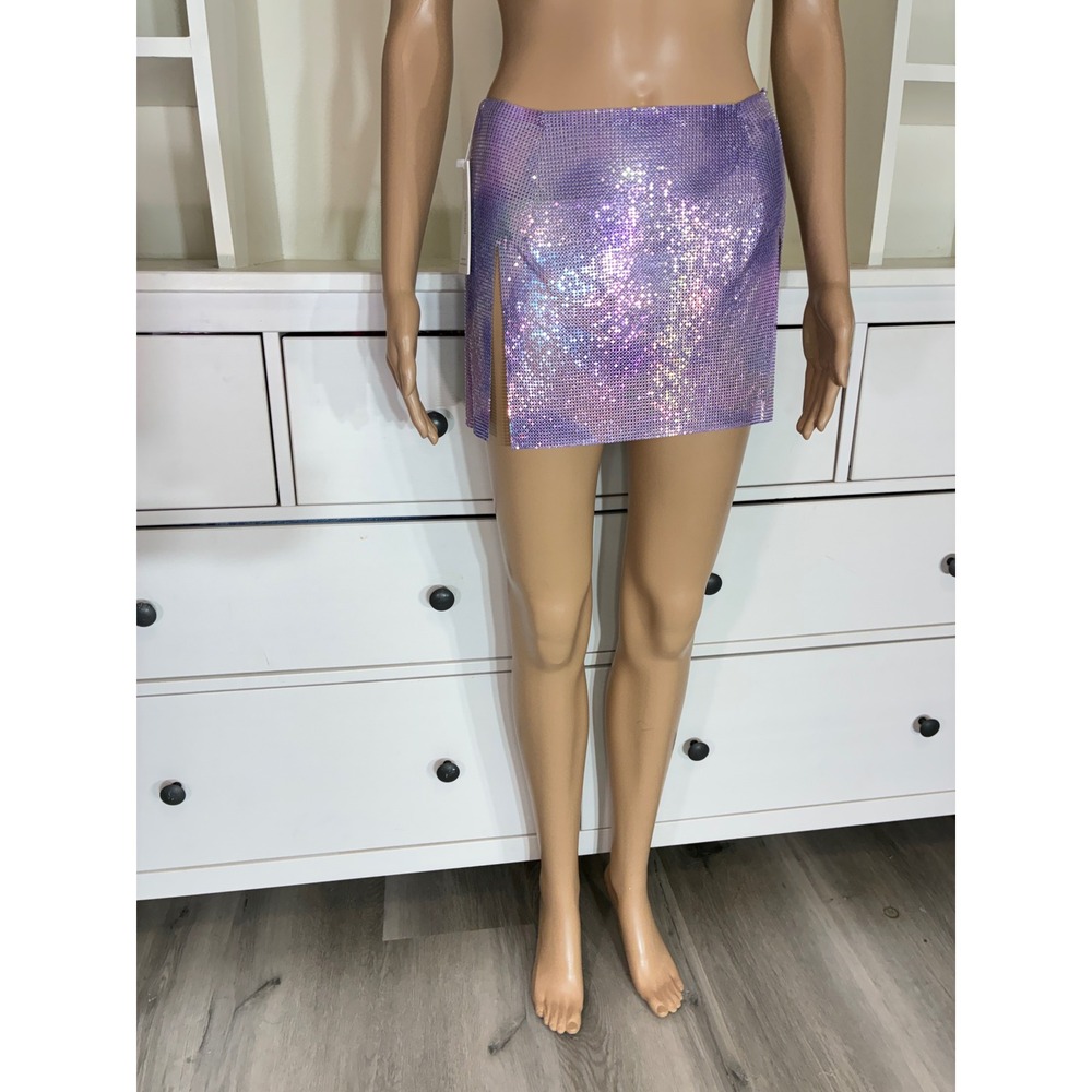 Outcast Mini Skirt Women XXS/XS Purple Holographic Aggie Chainmail Slit